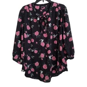 Torrid black multicolor floral bird print blouse tie at neck size 2X 18-20
